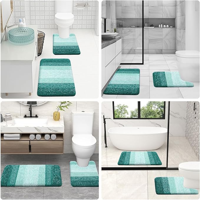 OLANLY Bathroom Rugs Sets 3 Piece, Soft Absorbent Microfiber Bath Mats and U-Shaped Contour Toilet Rug, Plush Shaggy Bath Mat Set for Bathroom (47"x20"+24"x16"+24"x20", Blackish Green)