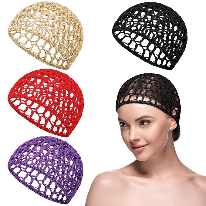 Geyoga 4 Pieces Mesh Crochet Hair Net Rayon Knit Snood Hat Thick Short Women Hairnet Snoods Cover Ornament for Sleeping (Black, Red, Skin, Purple)