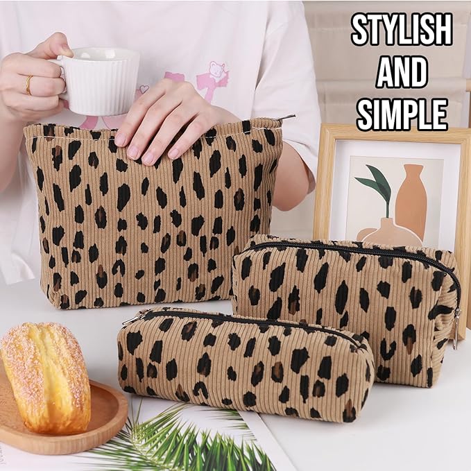 3 Pcs Makeup Bag Cosmetic Bag Set for Girls Women Travel Organizer Bathroom Toiletry Pouch Large Capacity Storage Bag (Leopard Brown)