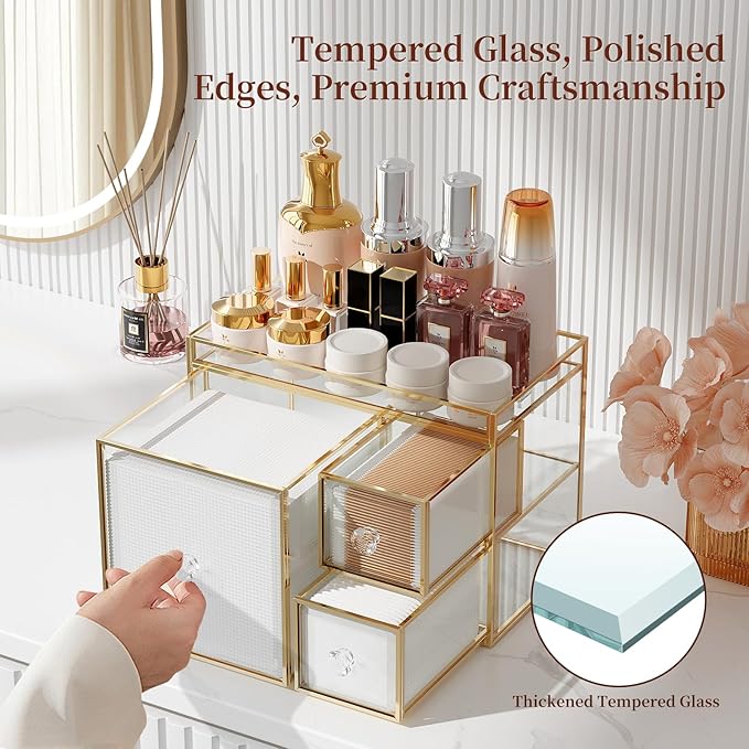 Tempered Glass Face Towel Holder with 3 Drawers, Bathroom Vanity Organizer for Disposable Face Towels, Cotton Pads, Swabs and Skincare Tools