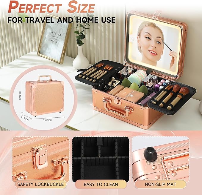 Leeora&Leekoo Makeup Box with Lighted Mirror,Portable Makeup Train Case Organizer (Gold)