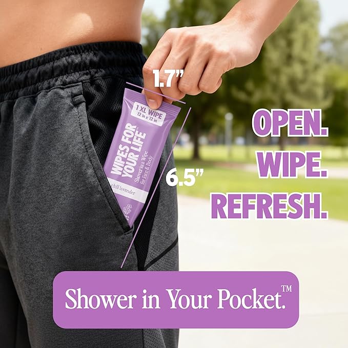 HyperGo XL Single Body Wipes for Women & Men – 12" x12" Rinse-Free Full Body Cleansing 30 Count Pack - Lavender | Biodegradable, Hypoallergenic, Aloe-Infused | Gym, Festival, Camping Essentials