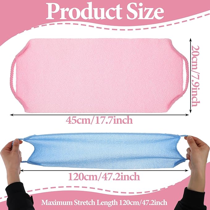 7 Pcs Exfoliating Back Scrubber with Handles, Nylon Back Exfoliator Extended Length Back Washers Scrubbers, Stretchable Exfoliating Washcloth Pull Strap Shower Scrubber for Body Cleans Skin Massages