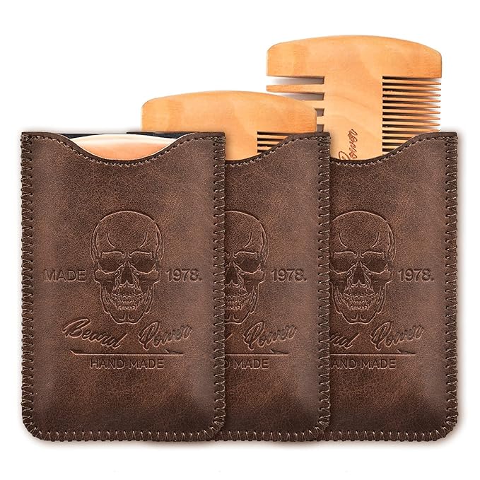 Wooden Beard Combs with Cases - Fine & Coarse Teeth, Pocket Comb for Beards, Mustaches & Hair, Brown Skull Design
