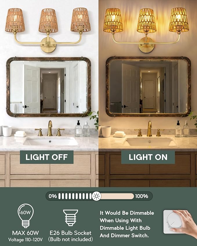 3-Light Bathroom Light Fixtures, Brushed Gold Rattan Vanity Lights with Flared Handwoven Shade, Boho Wall Sconce, Farmhouse Sconces Wall Lighting for Hallway Bedroom, VL837-BG-RA-3