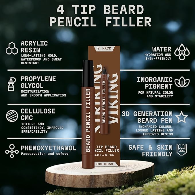 Striking Viking Beard Pencil Filler For Men - Dark Brown, 2 Pack - Temporary Beard Dye - Waterproof Sweatproof Long Wear Beard Filler Pen for Touchups & Gap Contouring - Enhances Facial Hair