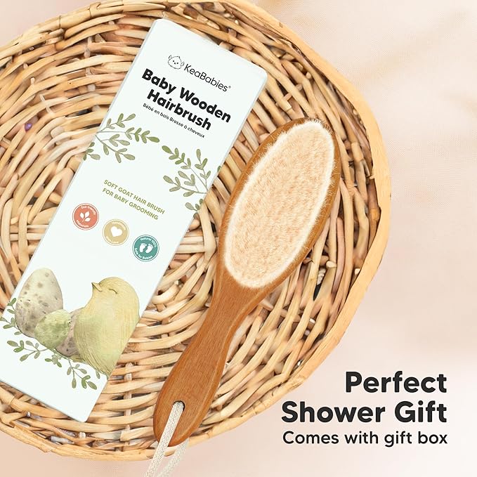 Wooden Baby Hair Brush - Cradle Cap Baby Brush with Soft Goat Bristles, Perfect Gentle Scalp Newborn Comb for Infant, Girls, Boys, Bath Essentials (Golden Oak, Regular)