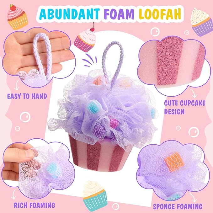 4 Pcs Cupcake Bath Loofah Sponge Cartoon Body Scrubber Loofah Soft Mesh Exfoliating Bath Scrubber Shower Ball for Shower Sponge Gifts Exchange Birthday Party