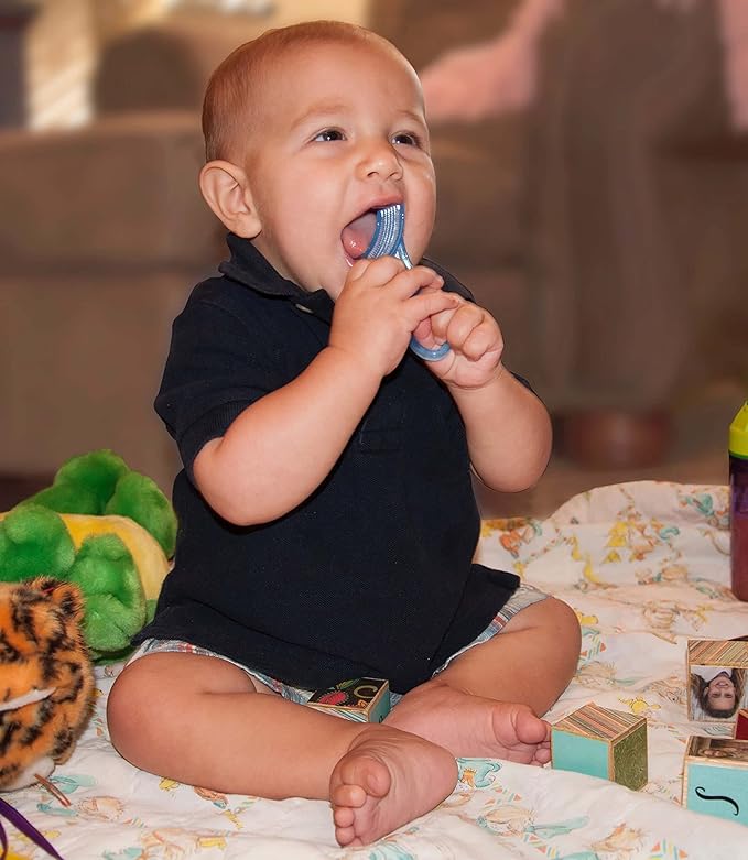 Brilliant Baby’s First Toothbrush & Teether - Dentist Recommended, Freezer-Safe Silicone for Ages 4+ Months, Teething Relief + Dental Care, Dishwasher Safe, Blue