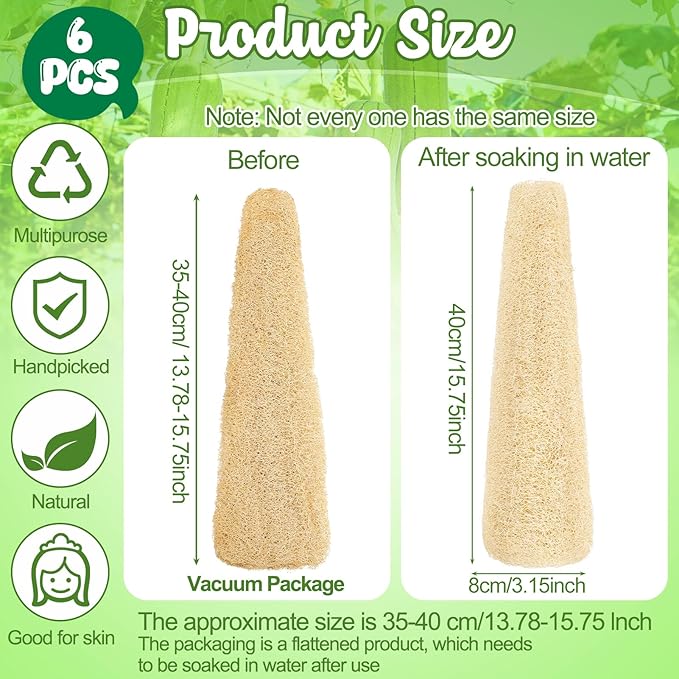 6 Pack Natural Loofah Sponge 15.7 Inch for Kitchen Bath & Body Scrub Organic Exfoliating Sponge for Dishes Skin Men Women