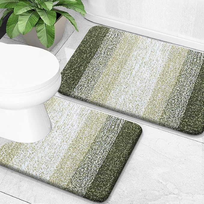 OLANLY Bathroom Rug Set 2 Piece, Soft Absorbent Microfiber Bath Mats and U-Shaped Contour Toilet Rug, Non-Slip, Machine Wash Dry, Plush Shaggy Bath Mats for Bathroom (24"x16"+24"x20", Dark Green)
