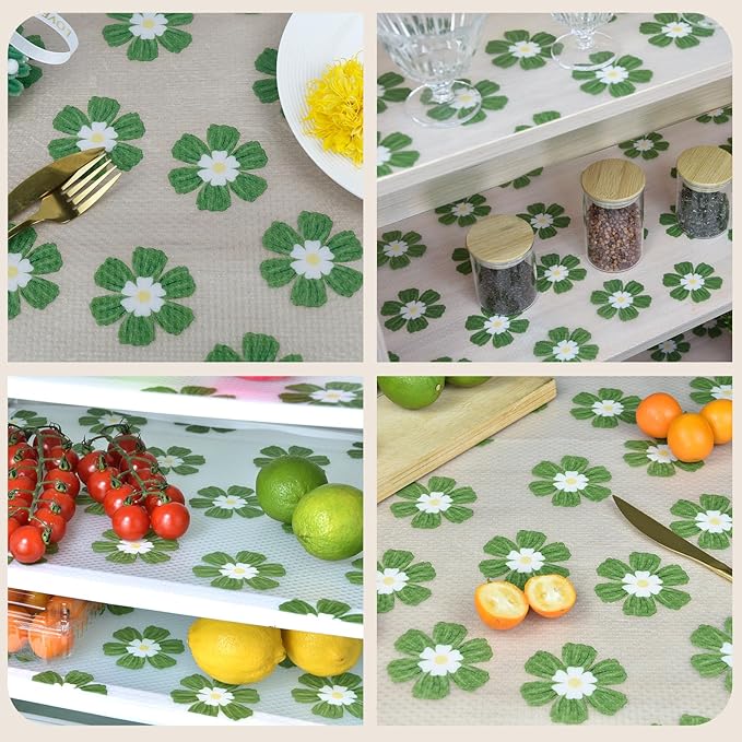 Drawer and Shelf Liner for Kitchen Cabinet,Non-Adhesive Waterproof EVA Drawer Liner for Dresser & Bathroom Vanities with Cutting Tool(12 in X 30 Ft Green Chrysanthemum)