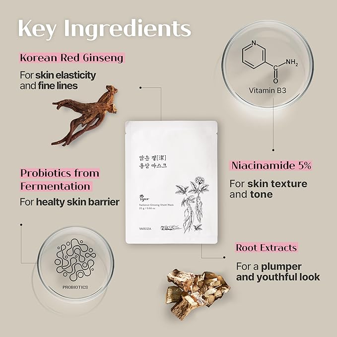 Radiance Ginseng Sheet Masks - Hydrating Face Masks for Healthy and Strengthening Skin Barrier - Vegan, Cruelty Free Korean Face Mask