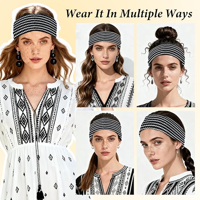 Headbands for Women Non-Slip Workout Hair Bands, 6 Pack Stretchy Athletic Soft Sweatbands, Elastic Cloth Fabric Headband, Fashion Head Bands for Yoga Running Sports Gym Sports Exercise