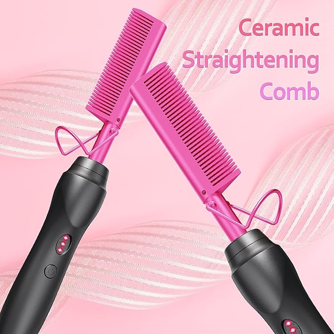 Hot Comb Hair Straightener Pressing Combs - Ceramic Electric Hair Straightening Comb, Curling Iron for Natural Black Hair Beard Wigs Holiday Gift - Pink