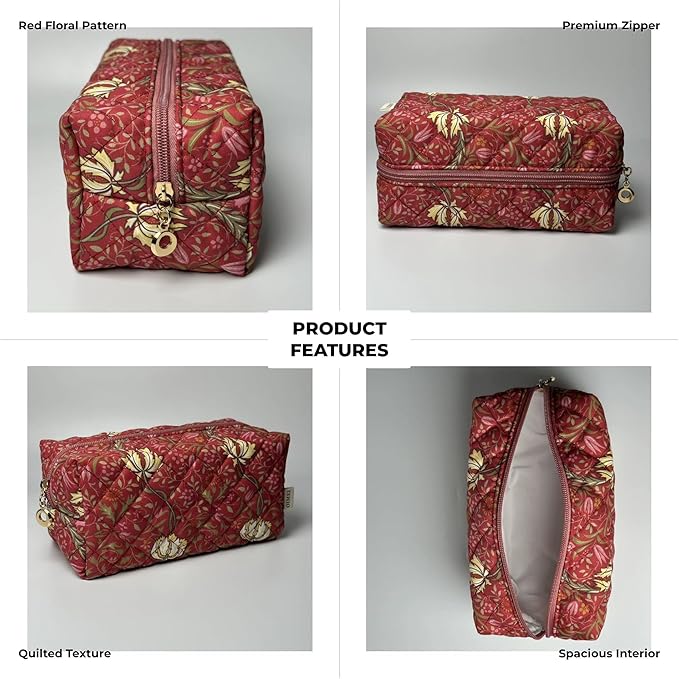 Floral Quilted Cotton Makeup Bag for Women, Large Capacity Travel Cosmetic Pouch with Zipper, Cute Toiletry & Brush Organizer, Kawaii Makeup Storage Case – Garden Red