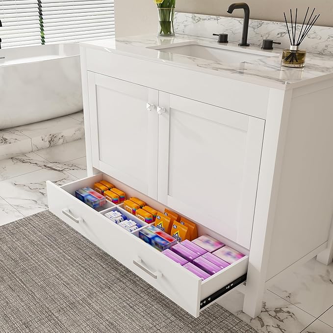 Montary 42" Bathroom Vanity with 43" Sintered Stone Carrara White Top, Modern Stylish MDF Bathroom Storage Cabinet, Vanity Set with 2 Doors and One Large Divided Drawer, White (Three Holes)