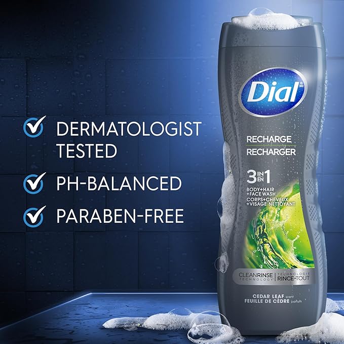 Dial Men 3 in 1 Body, Hair and Face Wash, Recharge, 16 Fl Oz (Pack of 4), Cedar Leaf Scent, Cleanses Deep + Gentle on Skin with Clean Rinse Technology