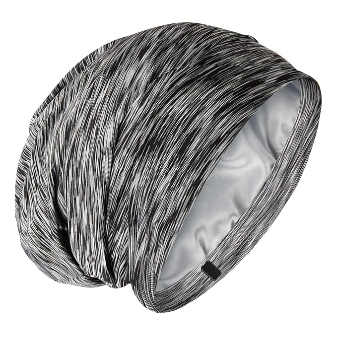 Silky Satin Lined Bonnet Sleep Cap - Adjustable Stay on All Night Hair Wrap Cover Slouchy Beanie for Curly Hair Protection for Women and Men - Heather Black