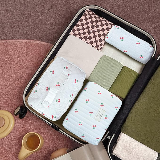 3Pcs Cotton Quilted Makeup Bag Large Travel Cosmetic Bag Coquette Makeup Pouch Cute Aesthetic Floral Toiletry Bag for Women Girls (flower-V)