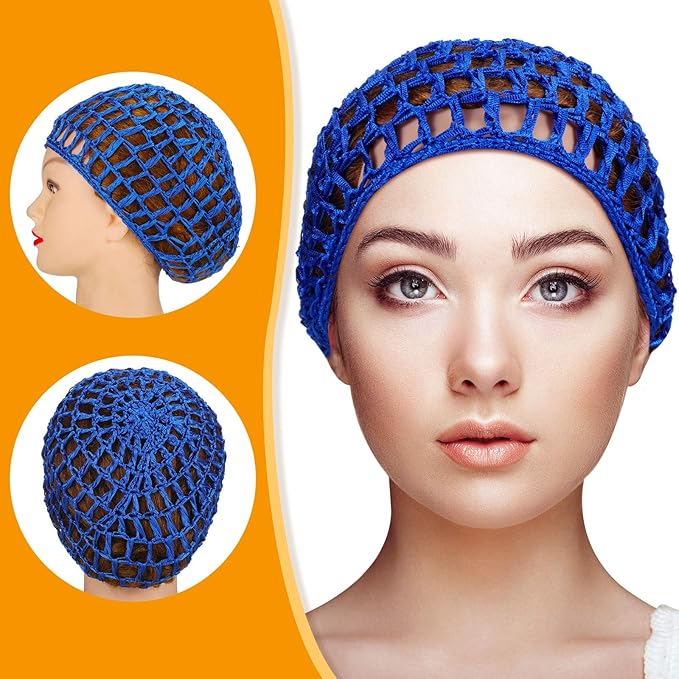 Geyoga 4 Pieces Mesh Crochet Hair Net Rayon Knit Snood Hat Thick Short Women Hairnet Snoods Cover Ornament for Sleeping(Blue)