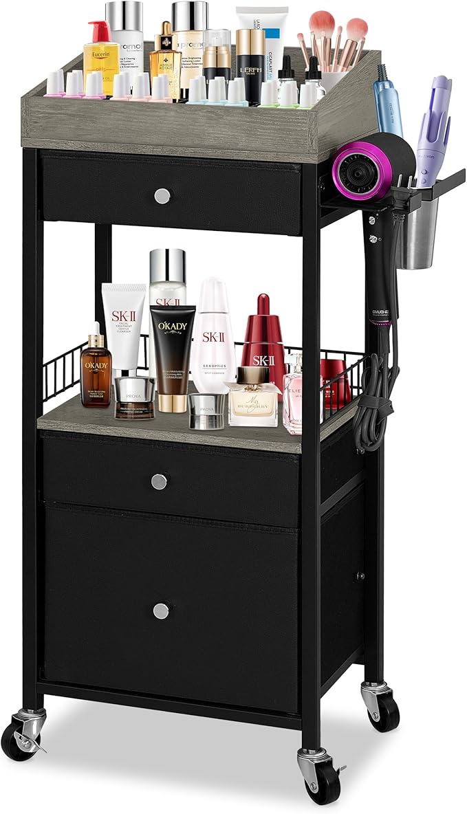 Makeup Organizer Cart with 3 Drawers & Detachable Hair Tool Holder, Rolling Cosmetic Storage Cart with Adjustable Dividers, Lockable Wheels for Bathroom, Bedroom Vanity, Black & Grey