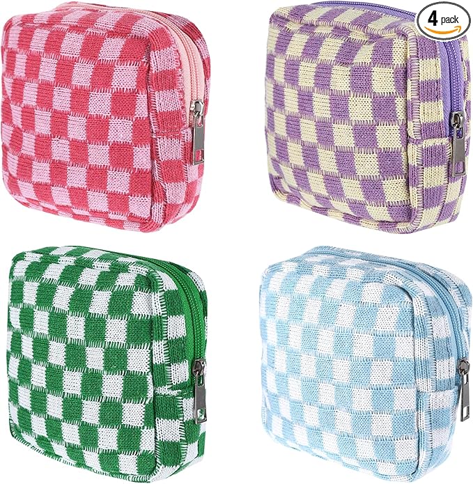 4Pcs Sanitary Napkin Storage Bag, Portable Period Bag for Teen Girls Woman, Pad Pouch Tampon for Purse, Reusable Zipper Period Pouches for Teen School Office Travel Feminine Care Organizer, Plaid
