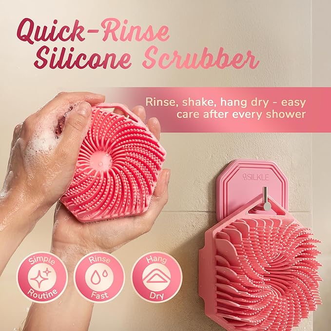 Silicone Body Scrubber – Gentle Exfoliating Shower Scrubber for Body & Bath, Silicone Shower Brush & Loofah Alternative – Non-Slip Silicone Body Brush, Quick Dry, Hygienic - Pink