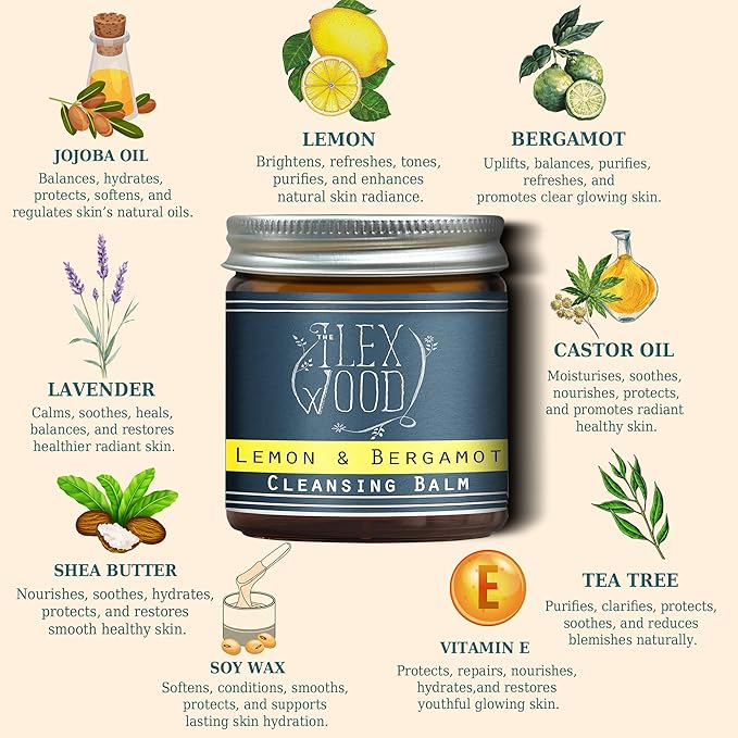 Lemon and Bergamot Cleansing Balm - Face Care Cleansing, Moisturising and Make up Remover. 100% Natural, Vegan, Cruelty Free, Plastic Free - 60ml (2.03 fl oz)