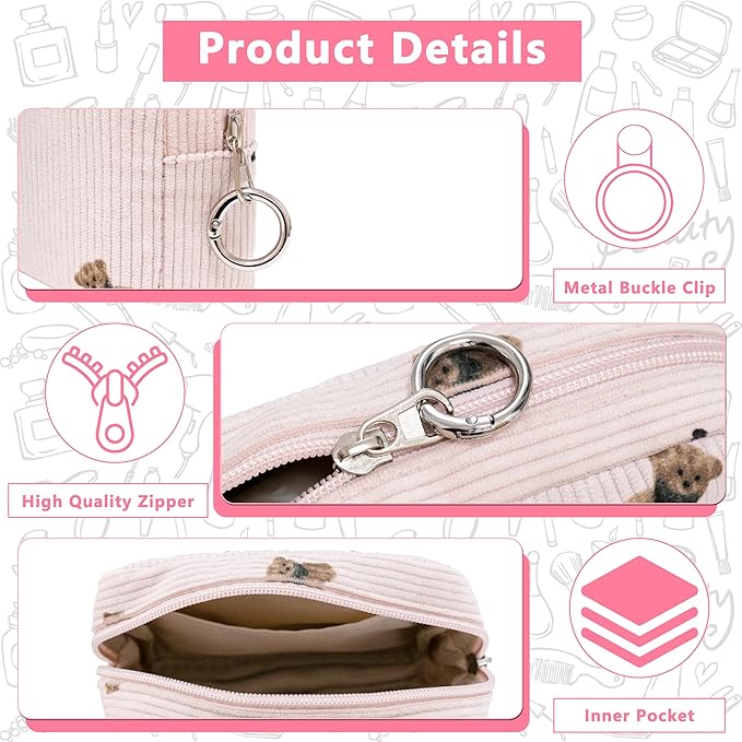 Period Bag for Girls, Corduroy Sanitary Napkin Storage Bag, Period Pouch & Tampon Holder, Feminine Care Organizer（Pink Bear）