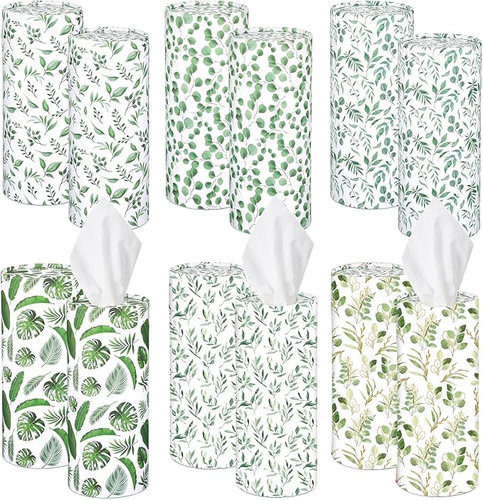 Outus 12 Pcs Eucalyptus Leaves Car Tissues Cylinder Holder with 3 Ply Facial Tissue Bulk Round Tissue Holder Travel Tissues Boxes Container for Car Cup Wedding Birthday Party