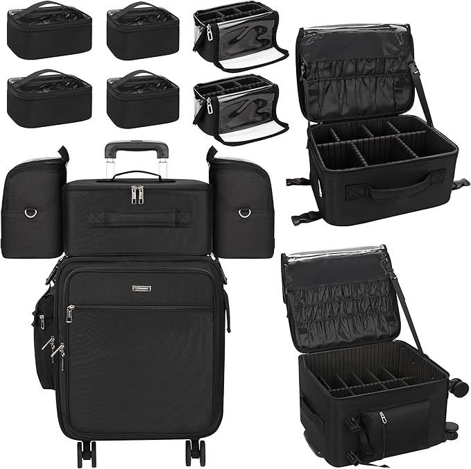 Relavel Rolling Makeup Case Professional Makeup Train Case, Rolling Makeup Kit Bag Makeup Artist Travel Bag with Wheels, 4-in-1 Portable Travel Beauty Trolley Case for Cosmetology Storage(Black)