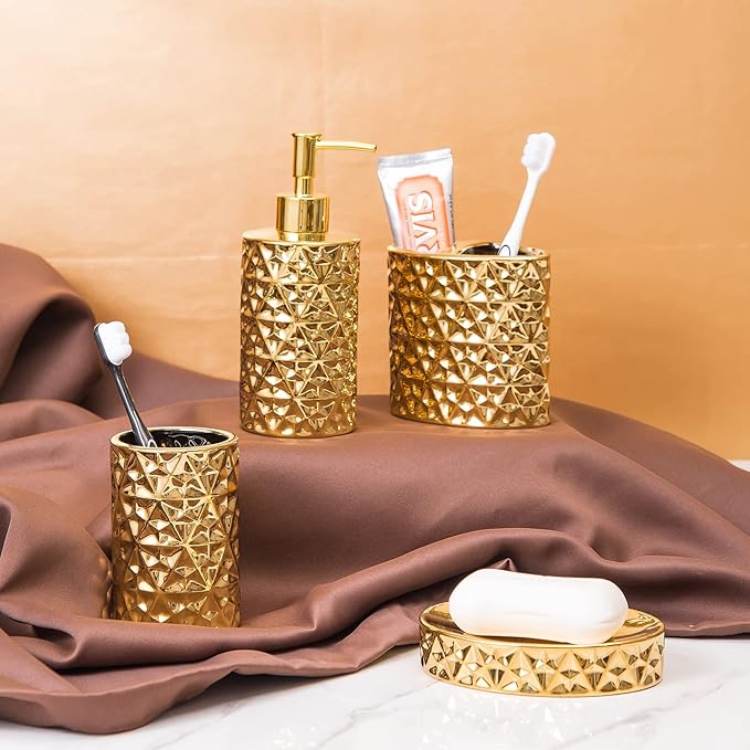 Gold Bathroom Accessory Sets 4 Piece Ceramic Gift Set Apartment Necessities,Includes Soap Dispenser, Toothbrush Holder, Toothbrush Cup, Soap Dish for Decorative Countertop Housewarming Gift