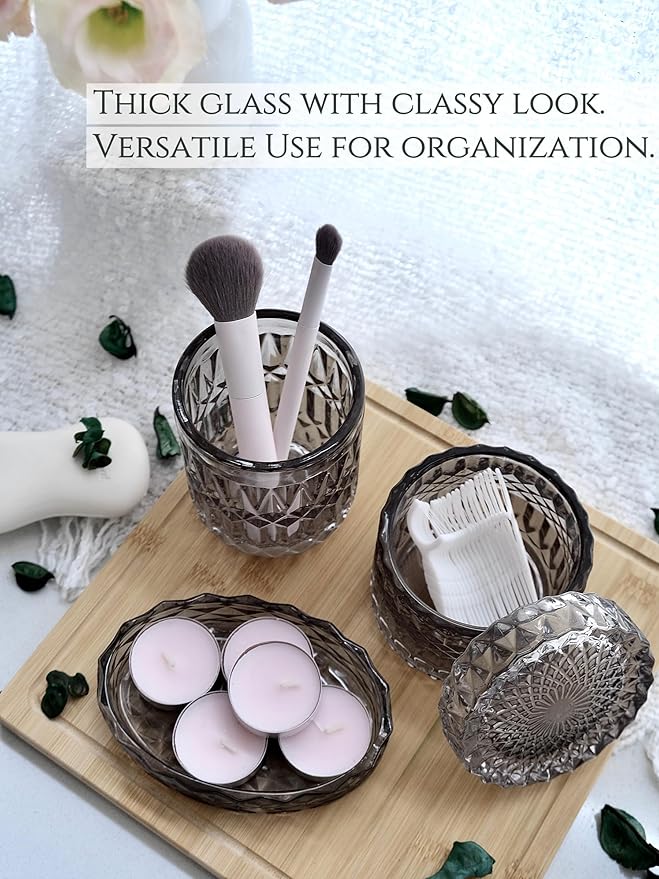 Gray Bathroom Accessories Set, 5Pcs Clear Glass Bathroom Sets, Soap Dispenser, Soap Dish, Toothbrush Holder Set, Cotton Swab Jar, Black and Gold Accent for Vintage Bathroom Decor, Gift Set