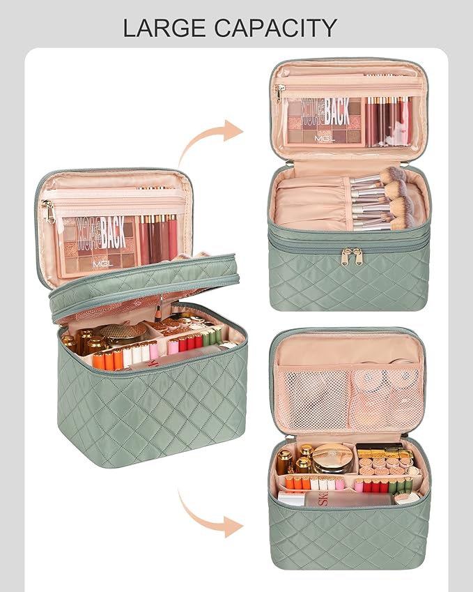 Relavel Makeup Travel Bag, Large Capacity Cosmetic Bags for Women, Makeup Brush Holder Storage Travel Case Waterproof Portable Make Up Bag with Dividers, Diamond Green
