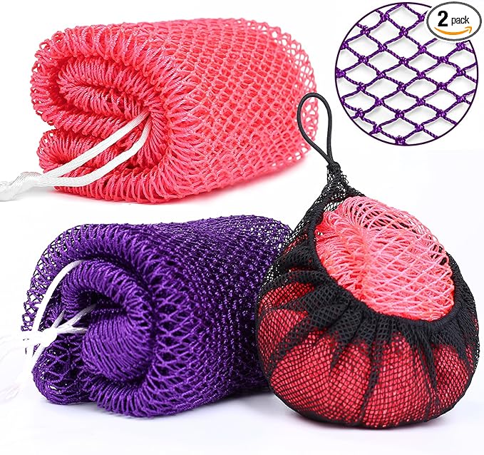 2 Pack African Net Sponge Exfoliating Body Scrubber Bath Sponge for Daily Use (Pink + Deep Purple)