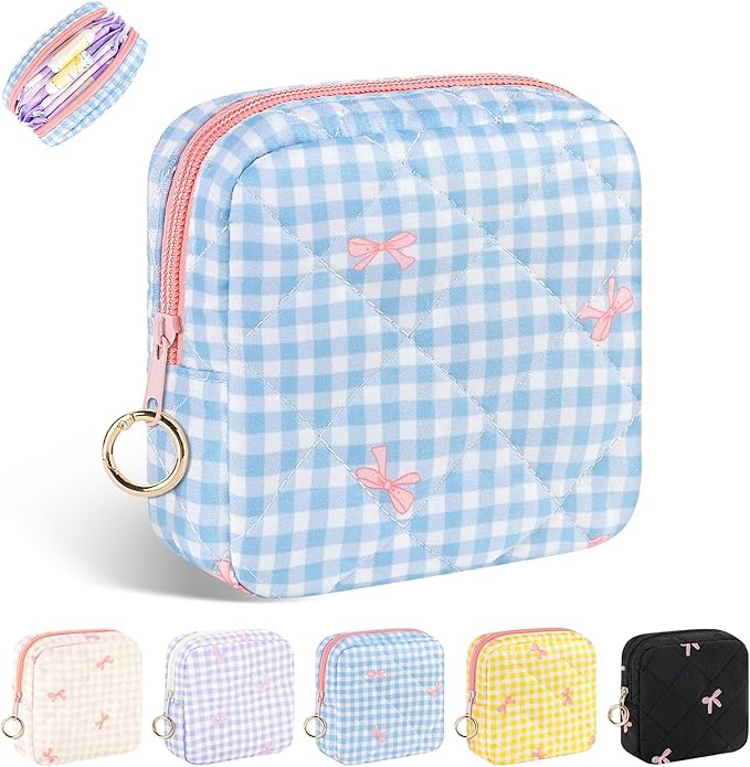 Period Bag for Teen Girls, Quilted Sanitary Napkin Storage Bag, Cute Bow Tie Menstrual Pad Pouch Tampon Holder (Plaid Blue)