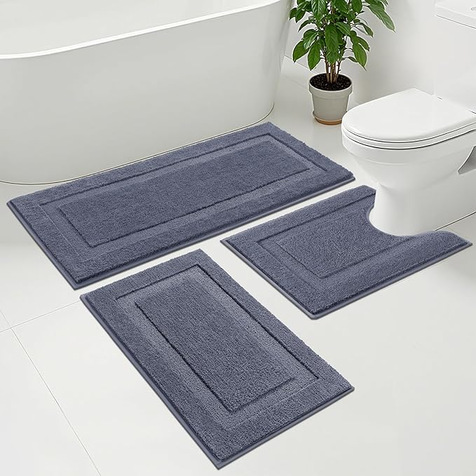 SHACOS Dark Grey Bathroom Rugs Sets 3 Piece, 20"x47" +20"x32" Non Slip Bath Mat and 20"x24" Toilet Rugs U Shaped Washable, Soft Fluffy Water Absorbent Bathroom Floor Mat