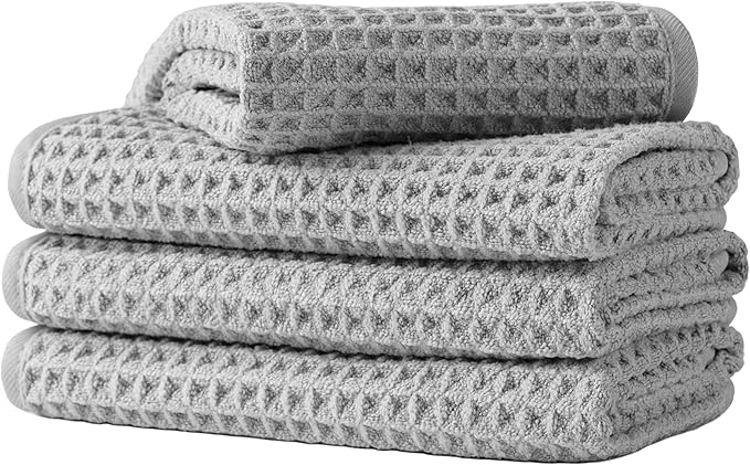 Microfiber Waffle Face Towels, 4 Pieces, Soft, Absorbent, Fast Drying, Lint Free 430 GSM (Silver)