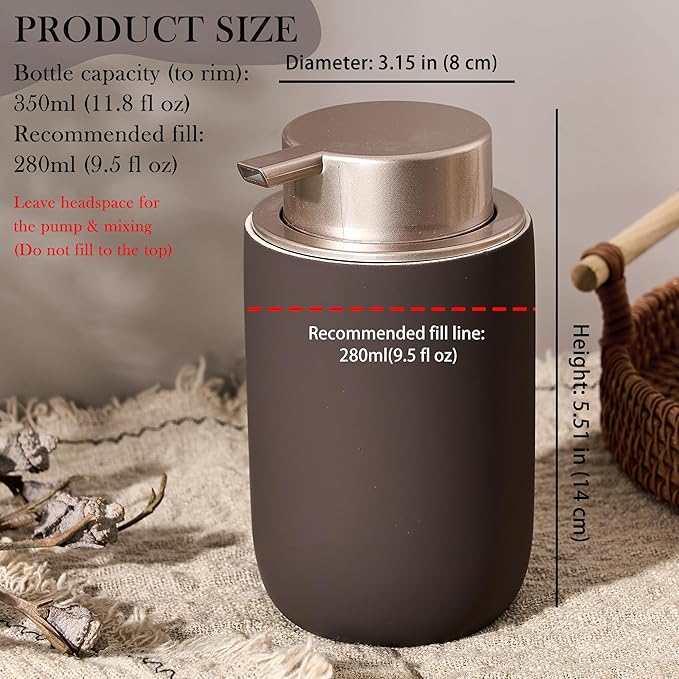 Foaming Soap Dispenser with Plastic Pump,12oz Foam Dispenser Bathroom,Kitchen Foam Soap Dispenser,Brown Hand Soap Bottle(Rubber Paint& Ceramic)