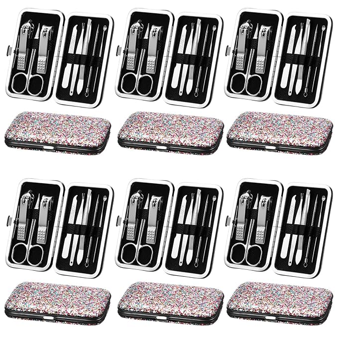Geosar 12 Set 8 in 1 Manicure Set Stainless Steel Nail Clippers Kit Pedicure Care Tools with Leather Case Travel Grooming Kit Gift for Women Men Gift(Glitter Candy Color)