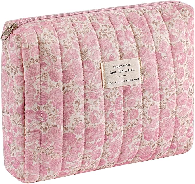 uekeboag Quilted Cotton Makeup Bag,Coquette Quilted Toiletry Bag for Women and Girls,Floral Coquette Pouch,Cute Kawaii Travel Cosmetic Bags(Watercolour Pink Flower)