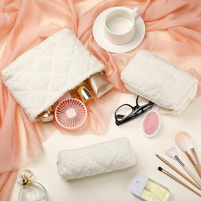 Paterr 3 Pcs Quilted Makeup Bag Set Small Bridesmaid Cosmetic Bag Aesthetic Travel Toiletry Pouch Cute Purse Pencil Case Makeup Storage Organizer for Women Birthday Gifts(Fuzzy,Cream White)
