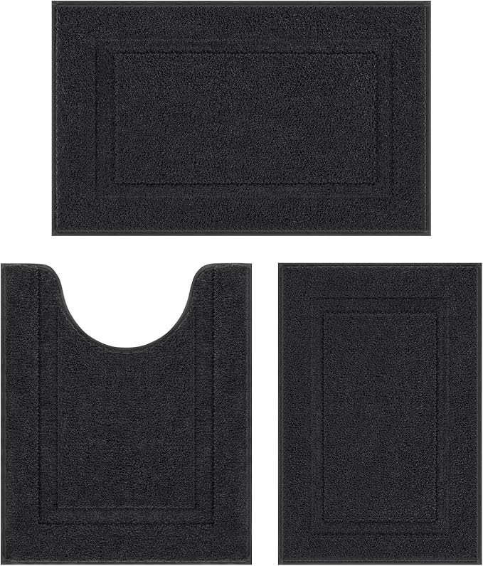 SHACOS Black Bathroom Rugs Sets 3 Piece, 16"x24" + 20"x32" Non Slip Bath Mat and 20"x24" Toilet Rugs U Shaped Washable, Soft Fluffy Water Absorbent Bath Rugs for Bathroom