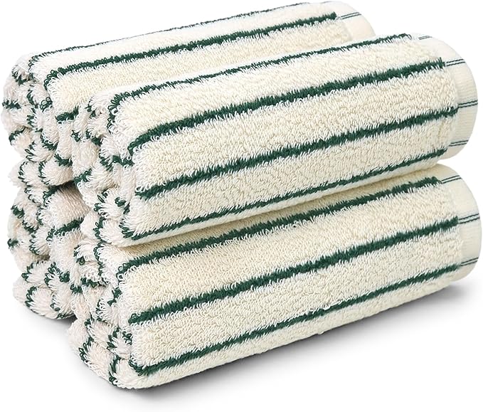Jacquotha Striped Cotton Washcloths 4 Pack, 13” x 13” - Soft Wash Cloths for Bathroom, Kitchen, Gym, Face, Green and Cream