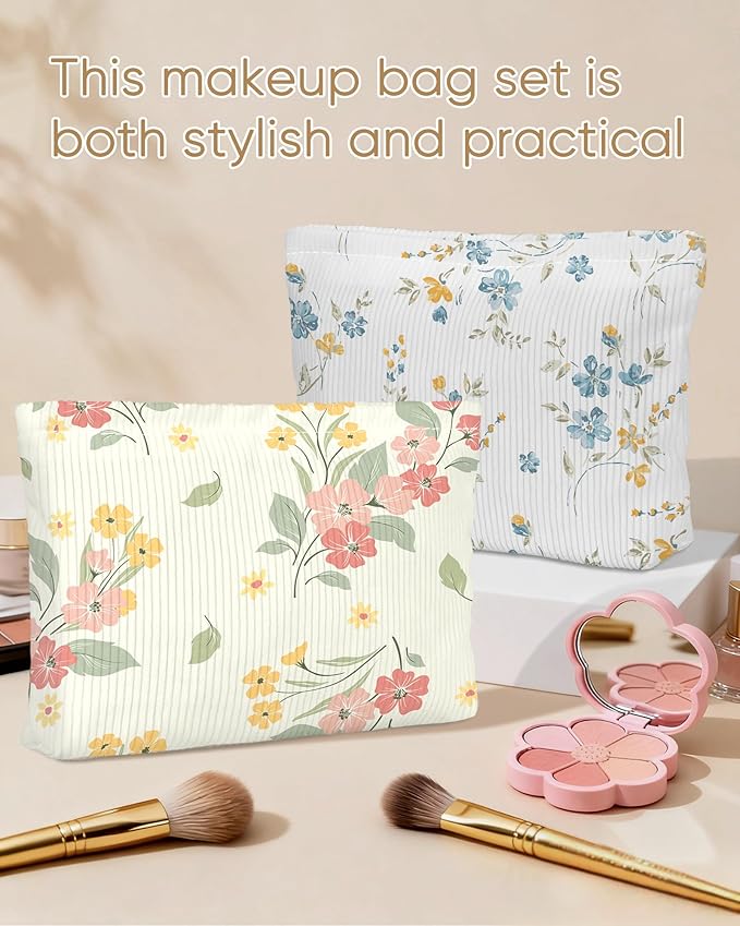 Cute Floral Makeup Pouch for Women Small Make Up Bag for Purse Zipper Initial Makeup Cosmetic Bags Pouches for Purse Aesthetic Travel Toiletry Bags, Elegent Pink Yellow Floral
