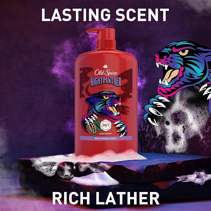 Old Spice Cleansing Body Wash for Men,3X Defense,24/7 Shower Fresh with Lasting Scent,2-in-1 Body & Face Wash,NightPanther with Rich Warm Scent,33.4 oz,(Pack of 4)