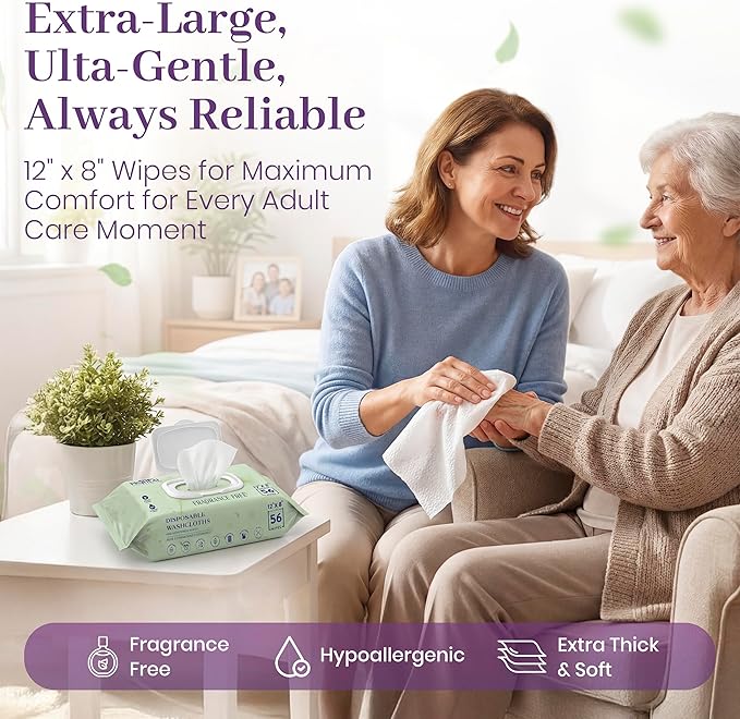 X Large Wet Wipes for Adults - Case of 10 Packs of 56 [560 Count] Disposable Incontinence Wipes, 12" x 8" Body Wipes for Elderly – Bonus 50 Individually Wrapped Travel Wet Wipes