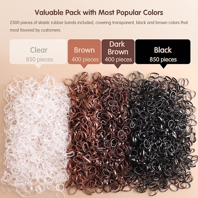 Funtopia Mini Hair Ties, 2500Pcs Soft Hair Rubber Bands and Elastics for Girls Women with Organizer Box (Black, Clear, Brown, Dark Brown)