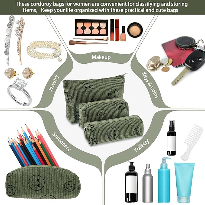 3 Pcs Makeup Bag Set for Women Corduroy Cosmetic Pouch Aesthetic Smile Travel Toiletry Bag Cute Purse Pouch Pencil Case Makeup Brushes Storage Organizer with Zipper(Army Green,Smile Face)